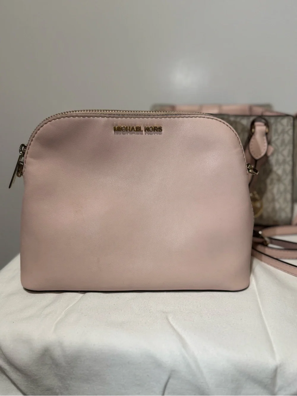 Michael Kors Signature Logo Satchel with Blush Trim